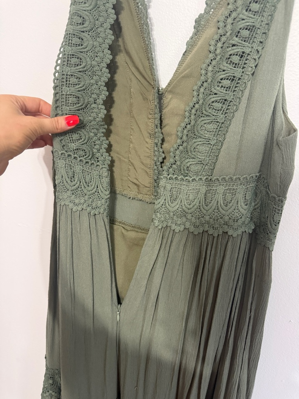 Davi & Dani Sage Green Dress Sleeveless Olive Green Maxi Dress with Lace Trim - Picture 9 of 10